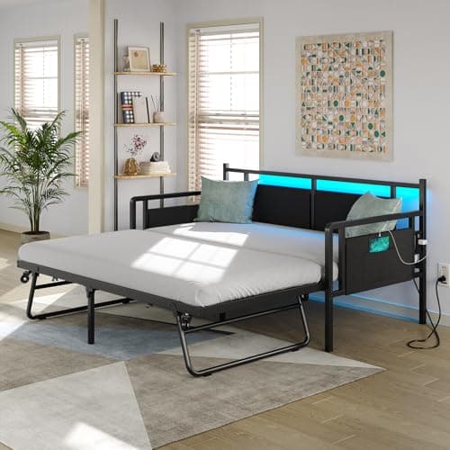 Furniouse Black Twin Daybed with Charging & LED Lights, Trundle Bed Frame