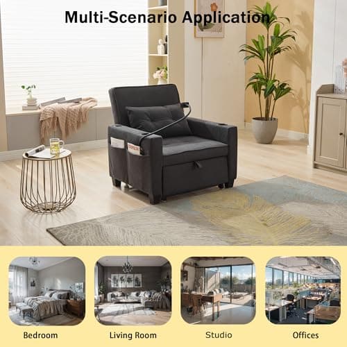 Livavege 3-in-1 Convertible Sleeper Sofa Chair, Linen Futon with Phone & Cup Holders