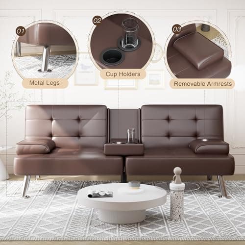 Shahoo Faux Leather Convertible Futon Sofa Bed for Living Room, Brown