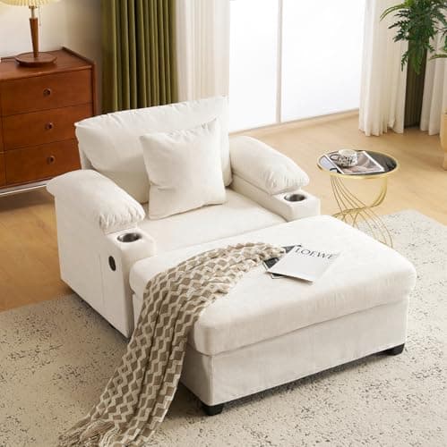 Light Grey Chenille Chaise Lounge with Ottoman & USB, Storage Armrests, & Side Pockets