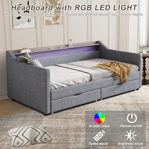 Linen Upholstered Ball & Cast Twin Daybed with Storage & Light Grey USB Port