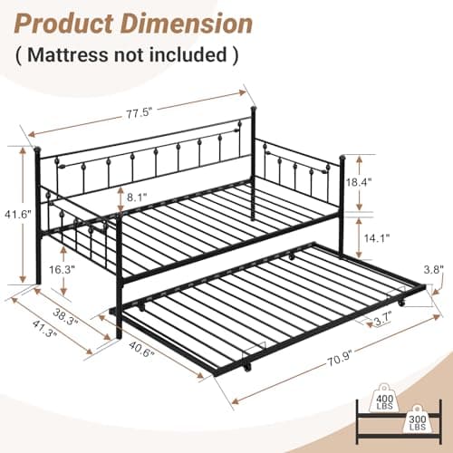 Black Twin Metal Daybed with Trundle - Heavy-Duty Sofa Bed for Bedroom or Guest Room, Easy Assembly