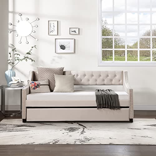 JEEOHEY Modern Button Tufted Velvet Beige Upholstered Daybed with Trundle