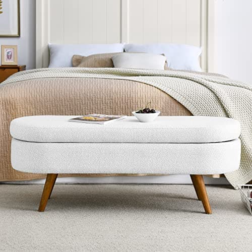 White Linen Storage Ottoman Bench, 43 Oval Entry Bench for Living Room and Bedroom