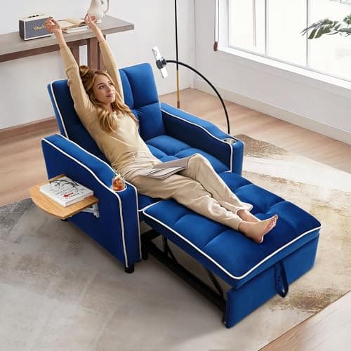 3-in-1 Velvet Tufted Recliner Sleeper Chair Bed with Phone Holder & Side Table (Blue)