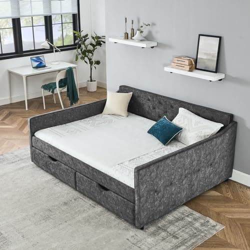 Queen Size Daybed with 2 Drawers, Upholstered Sofa Bed with Button Back and Waved Arms, Wood Slat Support - Grey