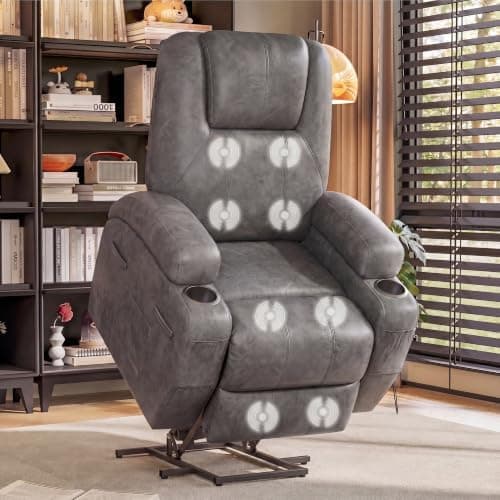 Flamaker Power Lift Recliner Chair PU Leather with Massage for Elderly Ergonomic Lounge Chair Classic Single Sofa with 2 Cup Holders Side Pockets Home Theater Seat (Leather, Light Black)