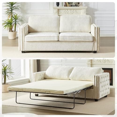 Chenille Convertible Sleeper Couch Bed, Full Size Memory Foam Mattress(Green)