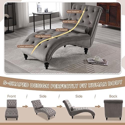 Modern Velvet Chaise Lounge Chair for Living Room or Bedroom - Grey