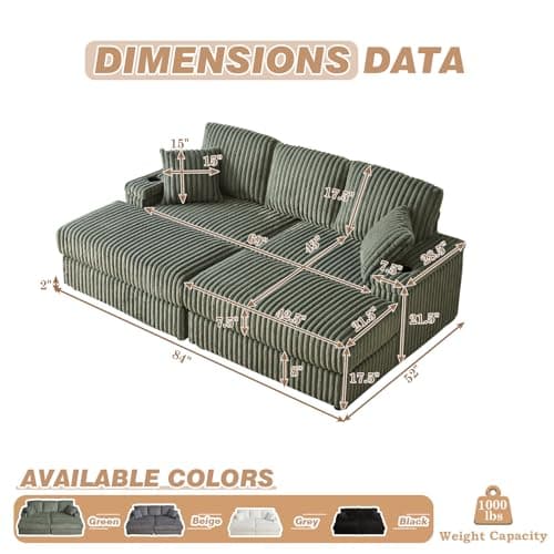 Oversized Chaise Lounge Chair with Ottoman and Storage Space for Living Room, Office (3 Seater, Green)