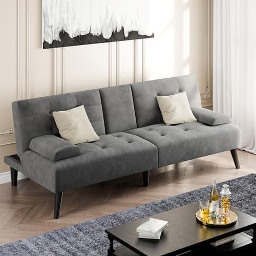 Shintenchi Dark Gray Velvet Reclining Sofa Bed with Foldable Arms