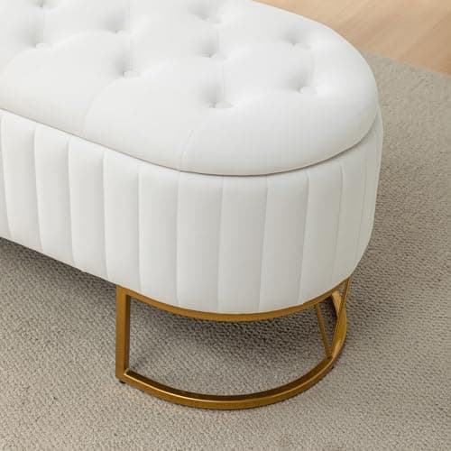 Modern Velvet Upholstered Storage Bench with Golden Metal Legs - Ivory