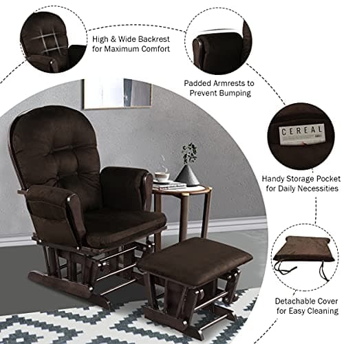 Costzon Brown Wood Glider Rocker with Storage & Padded Arms