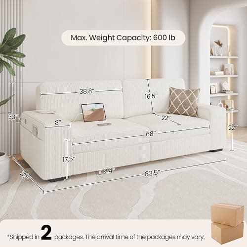 Yaheetech 83.5" Modern 2 Seater Corduroy Sofa with USB Ports & Storage Pockets