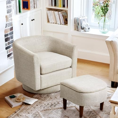 COLAMY Swivel Barrel Accent Chair with Ottoman, Light Brown