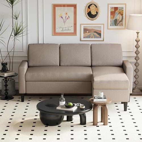 Shintenchi Brown 3 Seat L-Shaped Convertible Sofa with Ottoman, Linen Fabric