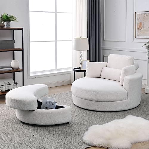 Triple Tree Modern Swivel Lounge Chair with Half Moon Storage, Linen Fabric, White