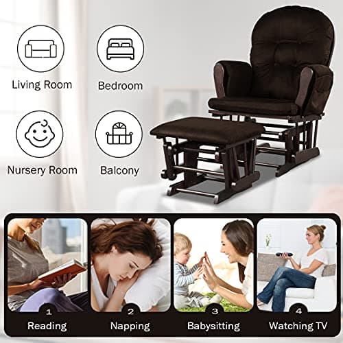 Costzon Brown Wood Glider Rocker with Storage & Padded Arms