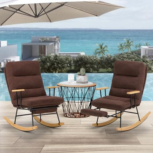 Retractable Footrest Rocking Chair, Teddy Upholstered, Beige, Modern Living Room Chair