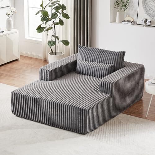 Oversized Grey Plush Corduroy Chaise Lounge Chair with Wide Armrests