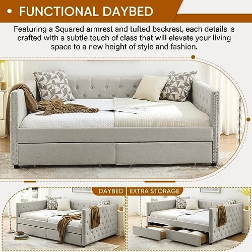 Twin Size Daybed with Storage Drawers, Linen Upholstered Sofa Bed Frame