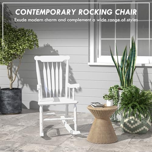 Outsunny White Outdoor Wood Rocking Chair, 350 lbs. Patio Essential