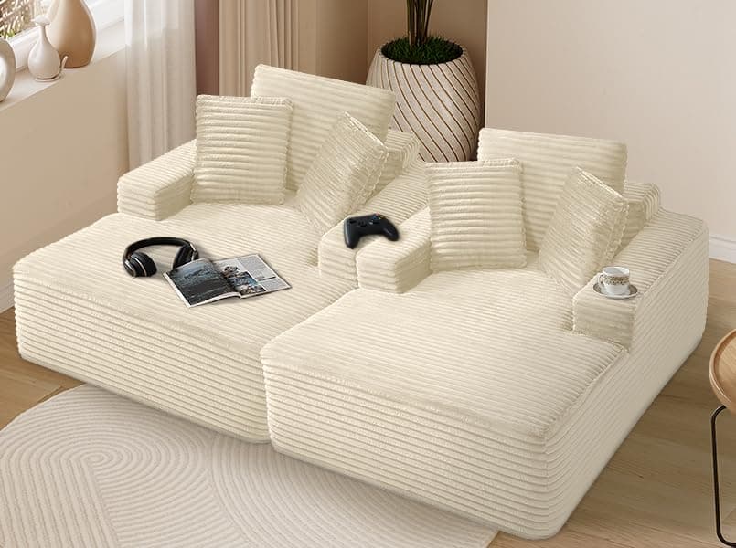 Oversized Green Faux Fur Chaise Lounge Chair with Thick Backrest & 3 Pillows