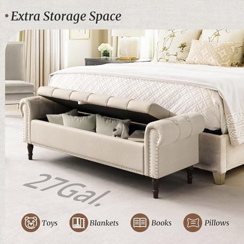 Linen Button Tufted King Ottoman for Bed End, Window Seat with Nailhead Trim