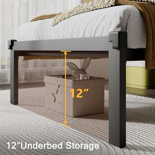 Twin Size Metal Bed Frame with Tufted Headboard and Underbed Storage, Easy Assembly, Noise-Free, Dark Grey
