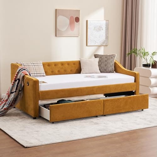 Beige Twin Size Daybed with Storage and USB Port