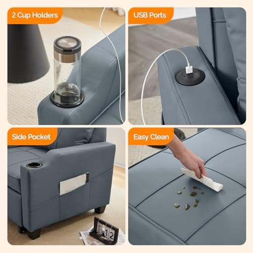 VINGLI 3-in-1 Convertible Sofa Bed Chair, Blue Gray Adjust Backrest USB Cup Holders
