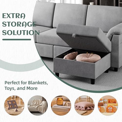 Vongrasig 79" L-Shaped Couch with Storage Ottoman, Light Grey Linen Fabric