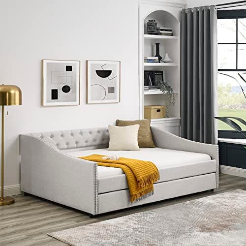 JEEOHEY Beige Button Tufted Full Size Upholstered Daybed with Trundle