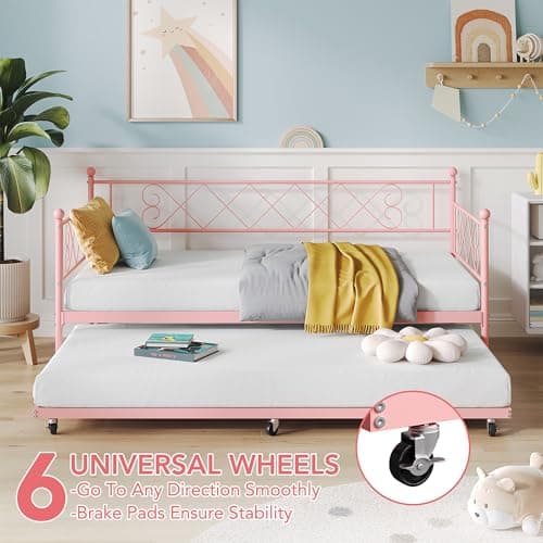 IDEALHOUSE Metal Twin Daybed with Trundle & Stylish Pink Headboard