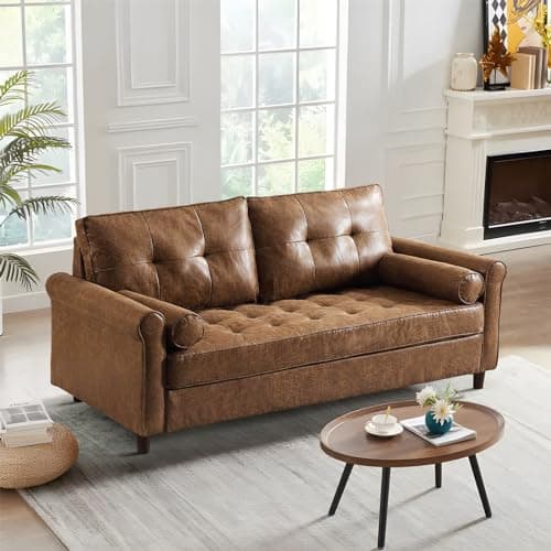 Small Mid-Century Modern Faux Leather Loveseat Sofa for Small Spaces, Living Room, Bedroom