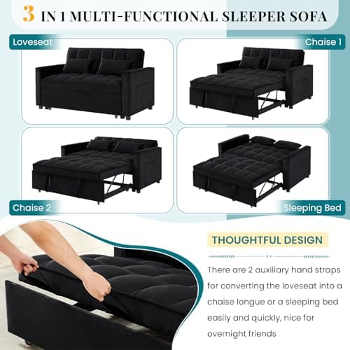 Antetek Modern Velvet 3-in-1 Sleeper Sofa Bed, Reclining Lounge Living Room Furniture, Black