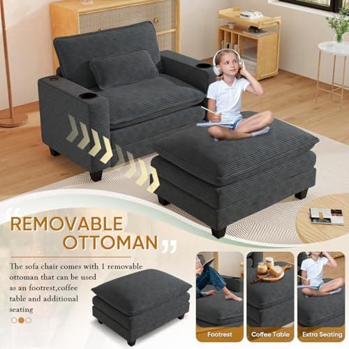 Oversized Grey Corduroy Chaise Lounge Chair with Ottoman & USB Port