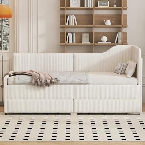 Merax Beige Corduroy Twin Daybed with Storage & Wood Slat Support