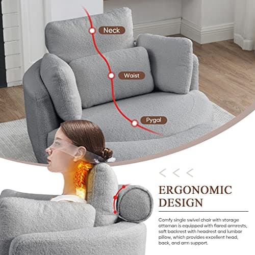 Grey Teddy Fabric Swivel Chair with Storage Ottoman