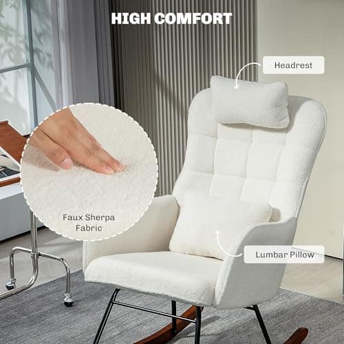HOMCOM Teddy Fleece Rocking Chair with Headrest, Cream White
