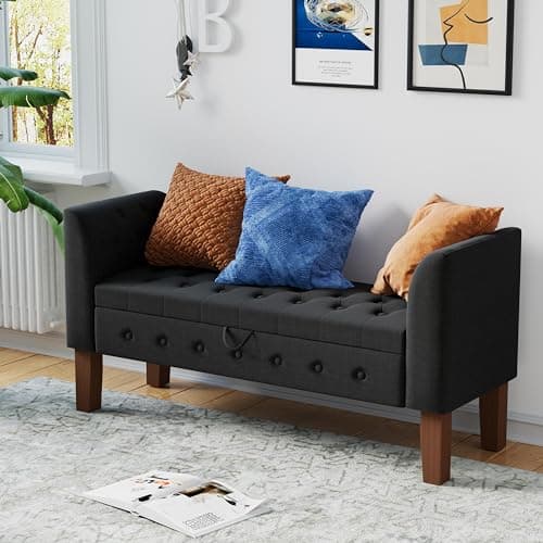 Khaki Upholstered Storage Bench with Arms for Bedroom and Living Room