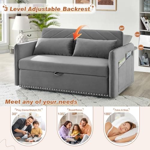 Convertible Sleeper Sofa Couch with Pull Out Bed, Modern Velvet Sofa Bed with Adjustable Backrest & USB Ports