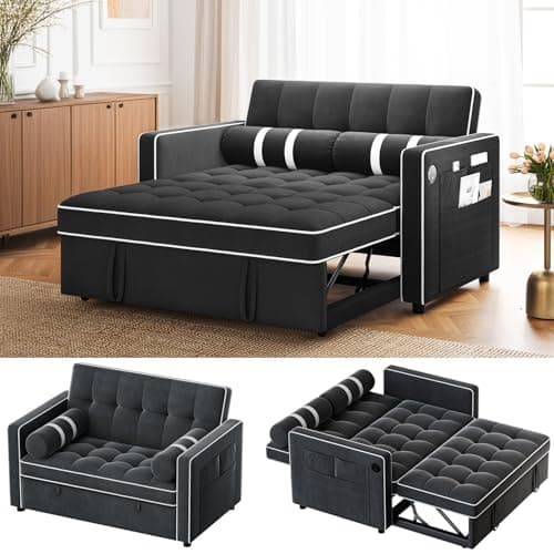 Amada 3-in-1 Convertible Couch, Grey Velvet Sleeper Sofa Bed