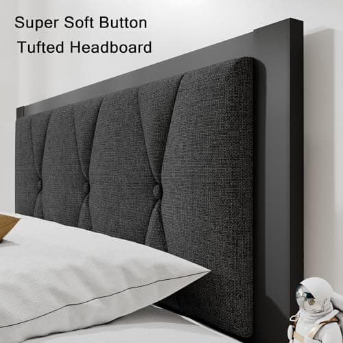Twin Size Metal Bed Frame with Tufted Headboard and Underbed Storage, Easy Assembly, Noise-Free, Dark Grey