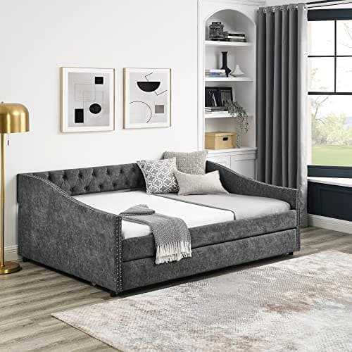 Modern Upholstered Daybed with Trundle, Button Tufted, Full Size, Grey
