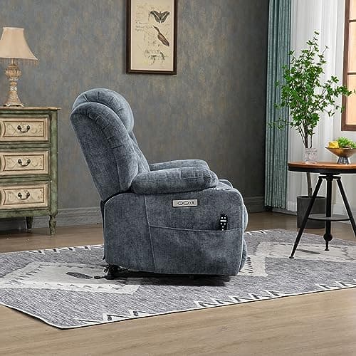 Chenille Blue Power Lift Recliner with Full-Body Massage and Heat