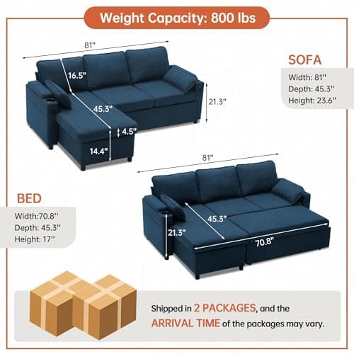 DURASPACE Blue Linen L-Shaped Sofa Bed with Storage (USB, Cup Holder)