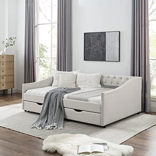 Modern Full Size Daybed with Drawers Upholstered Sofa Bed and Tufted Buttons