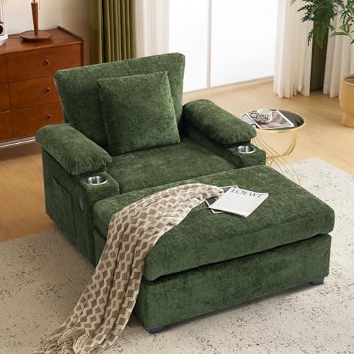 Light Grey Chenille Chaise Lounge with Ottoman & USB, Storage Armrests, & Side Pockets