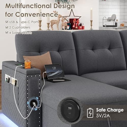 HIFIT 87" L-Shaped Sleeper Sofa Bed with LED Light, Grey